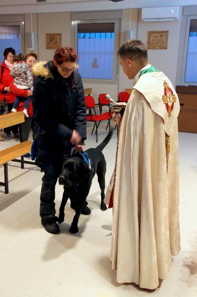 Bendición de Animales por San Antón en la Parroquia San Juan XXIII - Imagen de una persona acercando su perro para que el cura le bendiga.