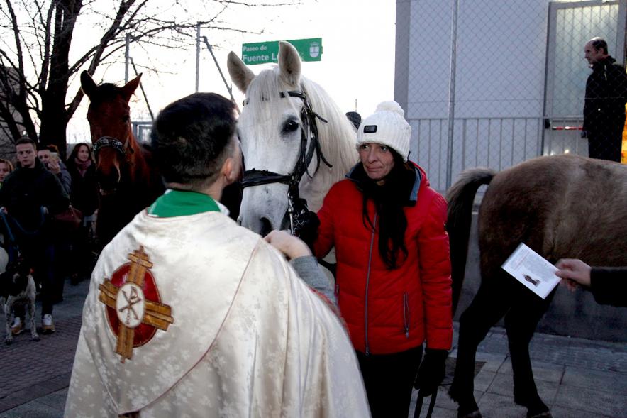 Bendición de Animales por San Antón en la Parroquia San Juan XXIII - Imagen del cura en el exterior de la iglesia bendiciendo a un caballo.