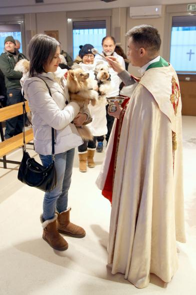 Bendición de Animales por San Antón en la Parroquia San Juan XXIII - Imagen de una persona acercando su perro para que el cura le bendiga.