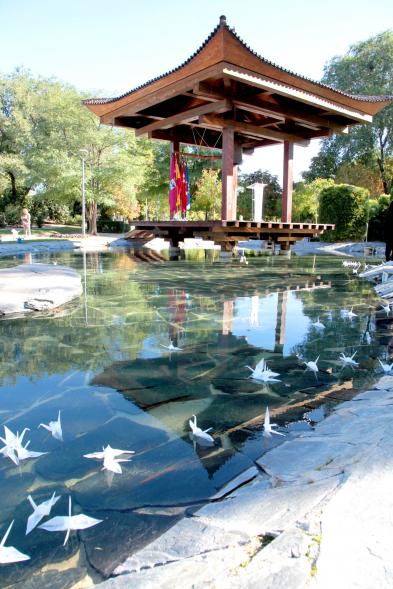 Día Internacional de la Paz - Imagen de todas las grullas de origami flotando en el estanque.