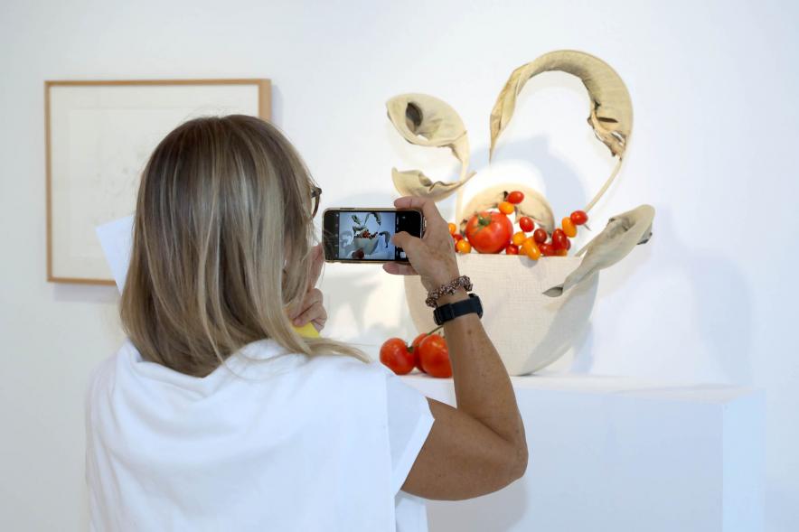 Inauguración Exposición de Ikebana y Acuarelas en el C.C. Anabel Segura - Imagen de una persona haciendo una foto con su móvil a una obra.