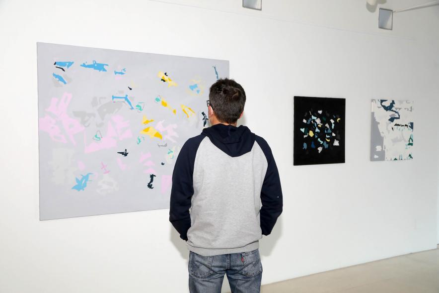 Inauguración Exposición Víctor Barrio "Paisajes Borrados" - Imagen de un visitante junto a una obra expuesta.